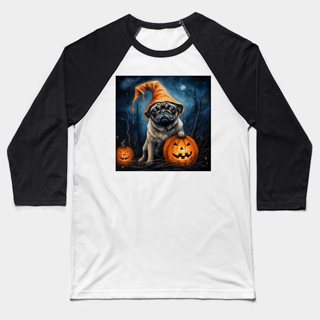 Cream Pug Halloween Baseball T-Shirt by NatashaCuteShop